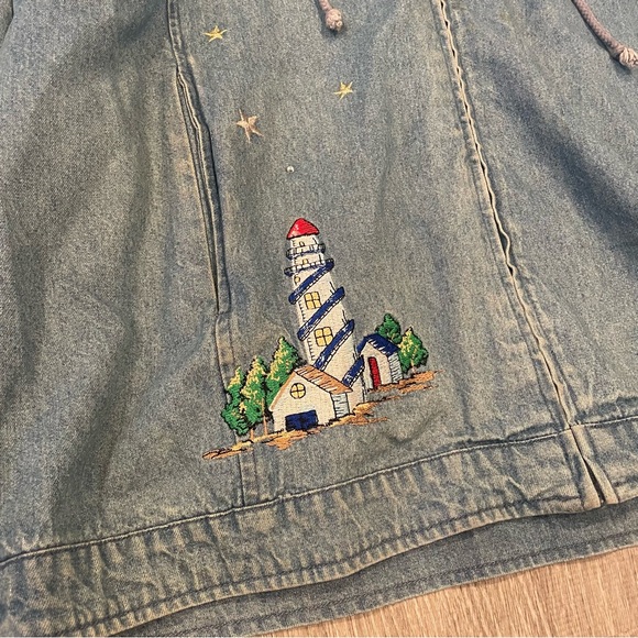 Vintage Quacker Factory Denim Full Zip Hooded Embroidered Lighthouse Top Large - Picture 4 of 8